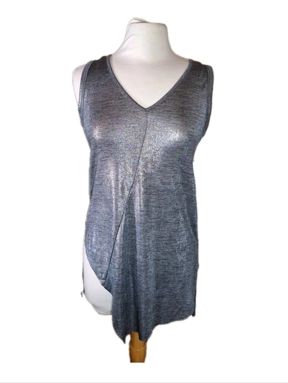 Worthington Black Silver Foil Deep V Neck Sleeveless Mini Dress W Slit NEW